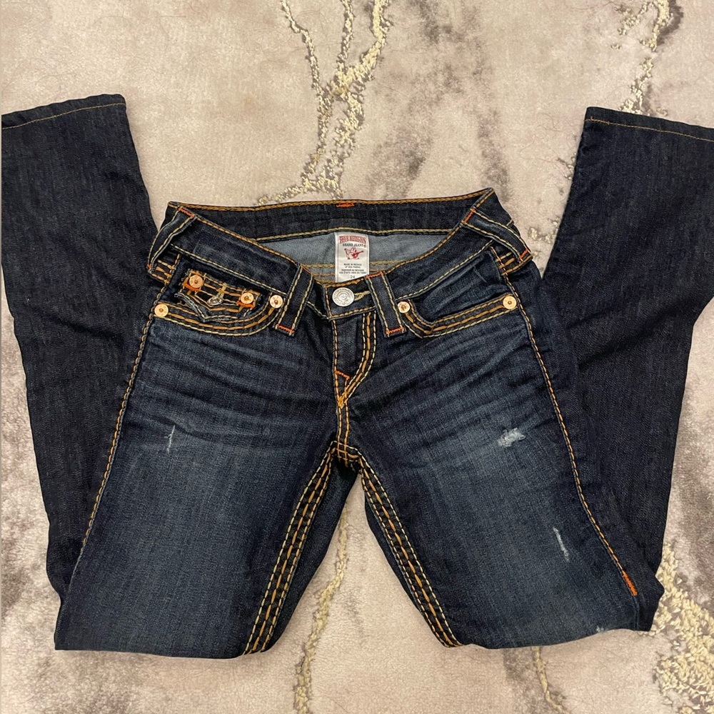 true religion skinny jeans, dark wash w/ contrast stitching